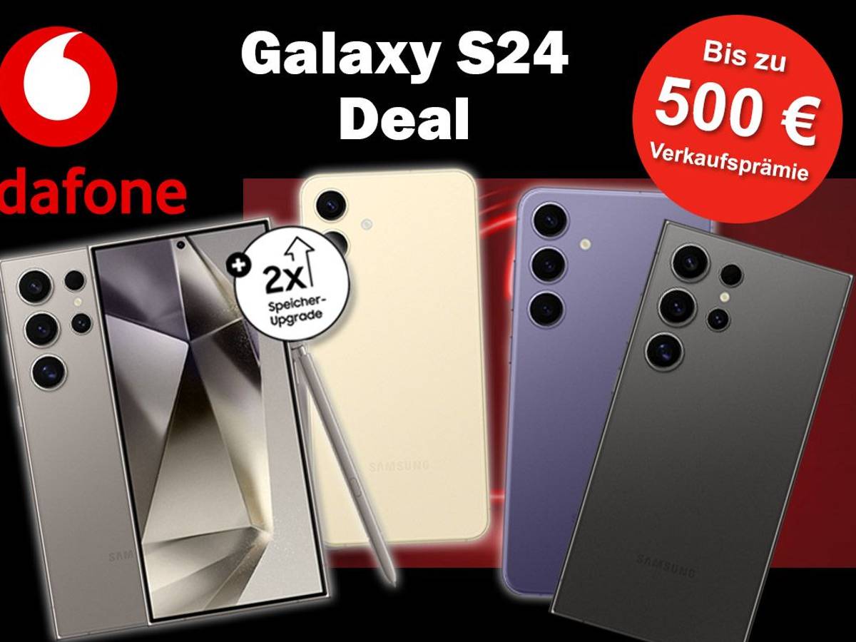 Die Smartphones Samsung Galaxy S24 Ultra, S24+ und S24 in verschiedenen Farben und Vodafone Logo im Bild.