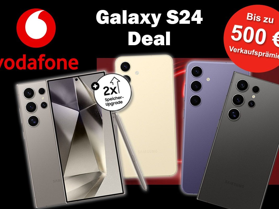 Die Smartphones Samsung Galaxy S24 Ultra, S24+ und S24 in verschiedenen Farben und Vodafone Logo im Bild.