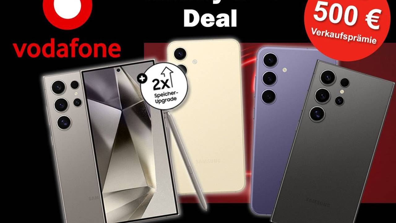 Die Smartphones Samsung Galaxy S24 Ultra, S24+ und S24 in verschiedenen Farben und Vodafone Logo im Bild.