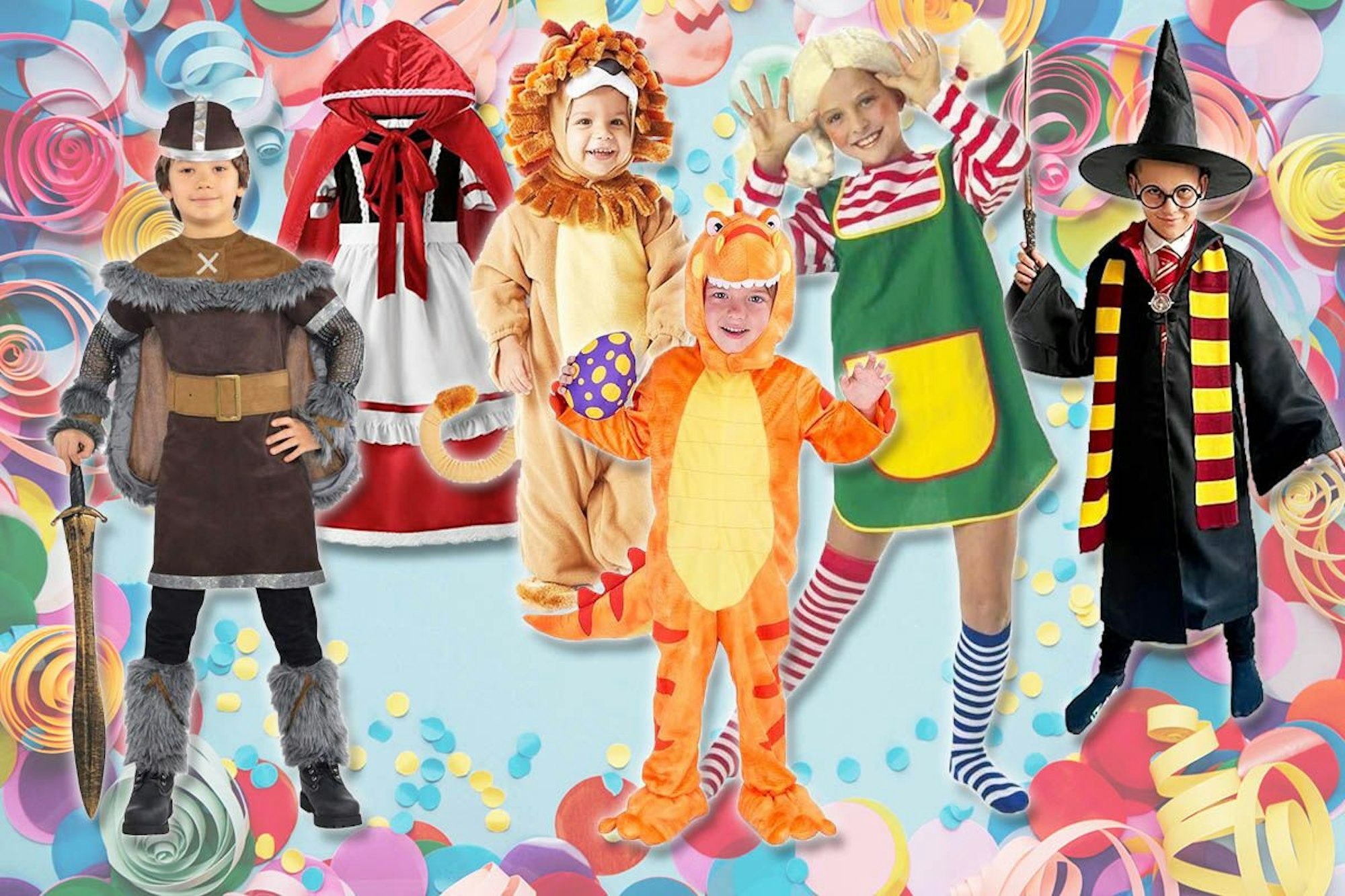 Kinderkostüme für Karneval und Fasching für Jungen und Mädchen wie Harry Potter, Pippi Langstrumpf, Löwe, Wikinger, Dinosaurier, Rotkäppchen.
