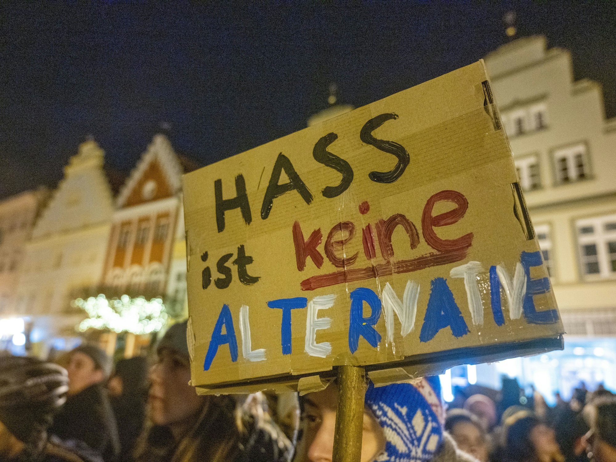 „Hass ist keine Alternative“ steht auf einem Plakat. Zahlreiche Menschen stehen auf dem Markt und demonstrieren gegen die AfD und gegen Rechtsextremismus.
