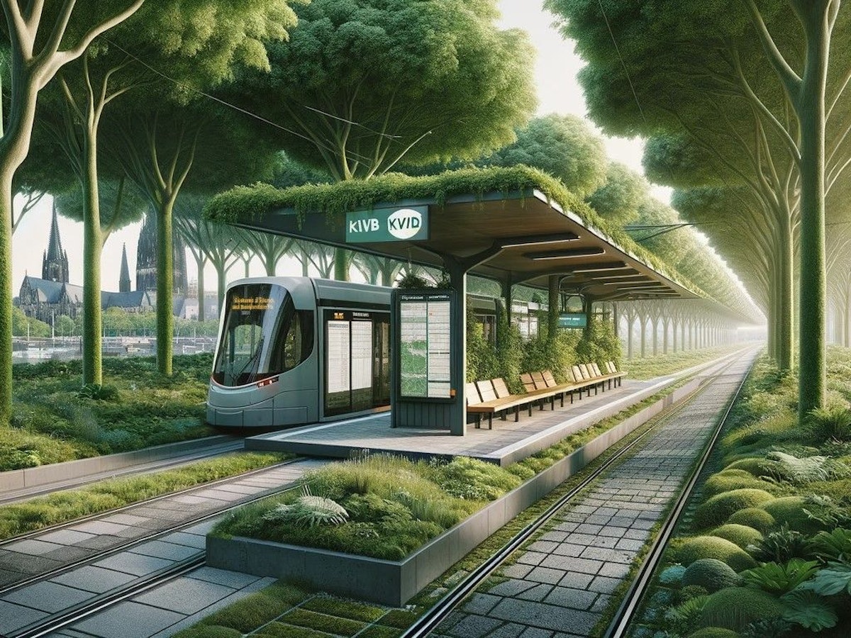 Das maschinell erstellte Bild von ChatGPT zeigt eine voll begrünte KVB-Haltestelle in Köln.