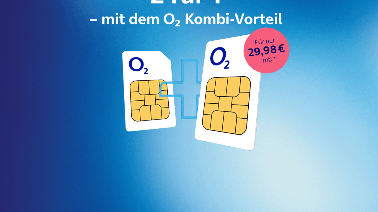 Bild zum o2 Kombi Vorteil mit zwei o2 SIM-Karten vor blauem Hintergrund.