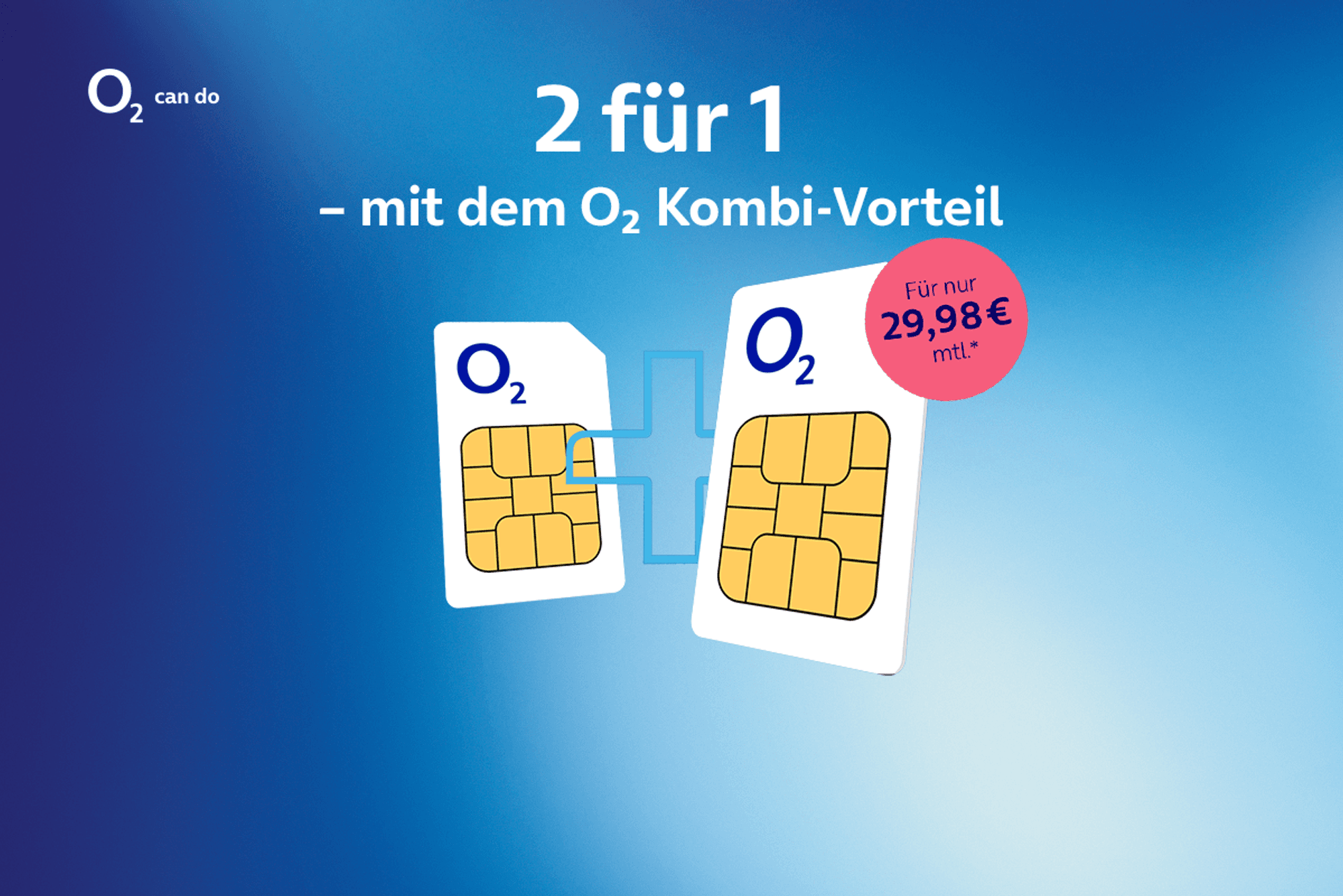 Bild zum o2 Kombi Vorteil mit zwei o2 SIM-Karten vor blauem Hintergrund.