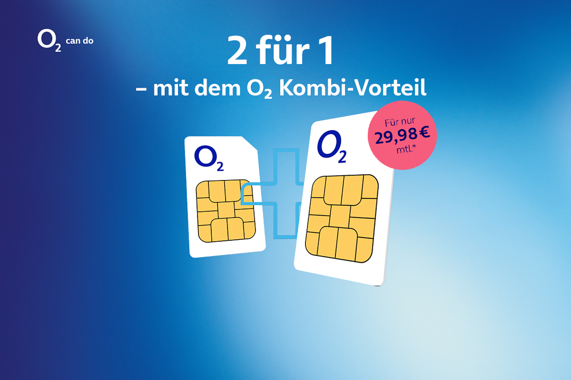 Bild zum o2 Kombi Vorteil mit zwei o2 SIM-Karten vor blauem Hintergrund.
