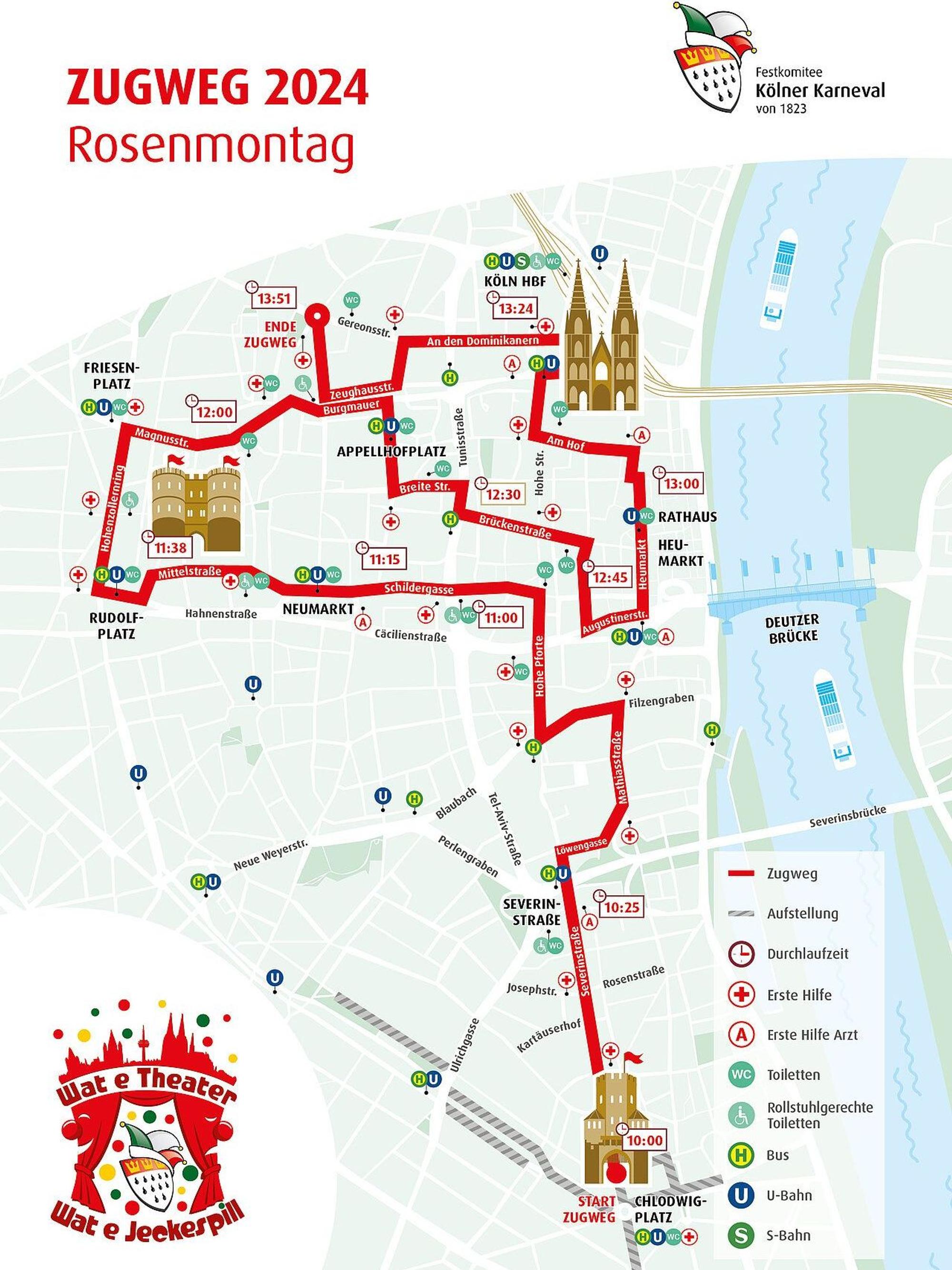 Der Zugweg des Rosenmontagszuges 2024 in Köln.