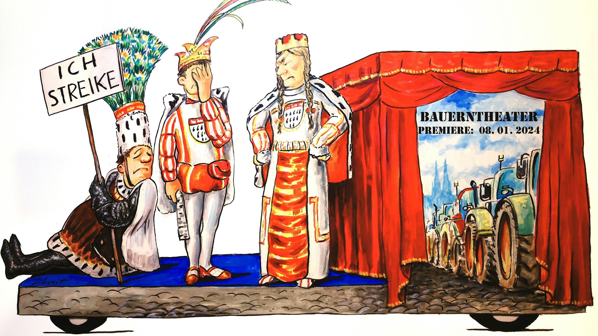 Die Zeichnung für einen politischen Persiflagewagen zeigt den Entwurf zum Thema Bauernproteste.