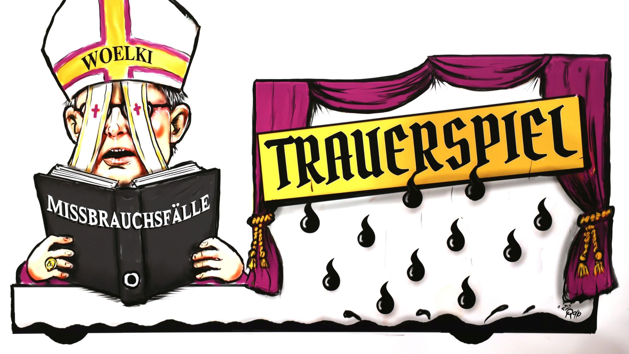 Die Zeichnung für einen politischen Persiflagewagen zeigt den Entwurf zum Thema Missbrauchsskandal.