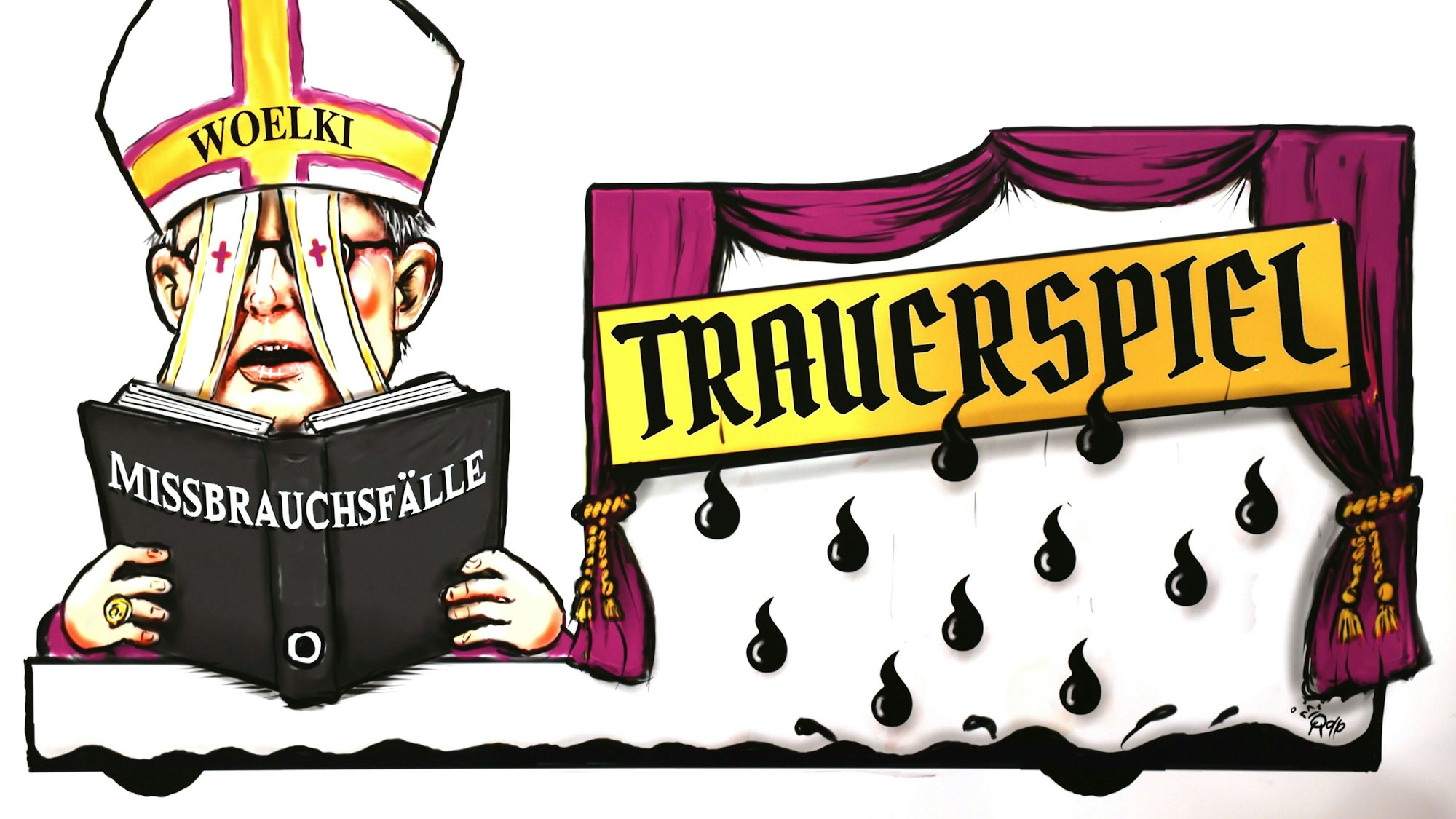 Die Zeichnung für einen politischen Persiflagewagen zeigt den Entwurf zum Thema Missbrauchsskandal.