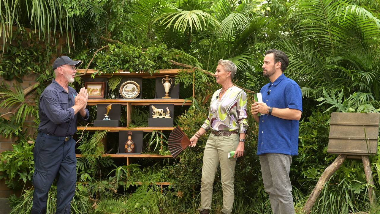 Dr. Bob (l.) und die beiden Moderatoren Sonja Zietlow und Jan Köppen freuen sich auf die anstehende Dschungelprüfung.