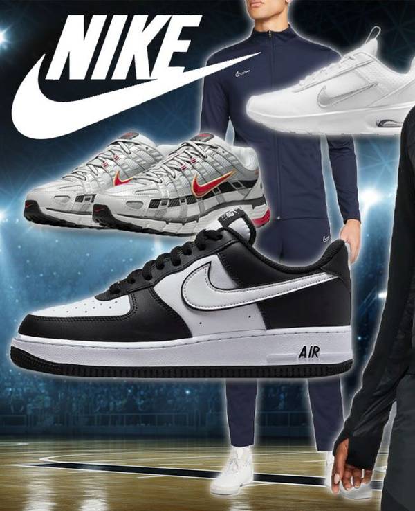 Nike Schuhe und Fashion wie Nike Air Force 1, Nike Court Vision Mid Winter, nike Therma Dri Fit Jacke und mehr, im Hintergrund eine Sporthalle.