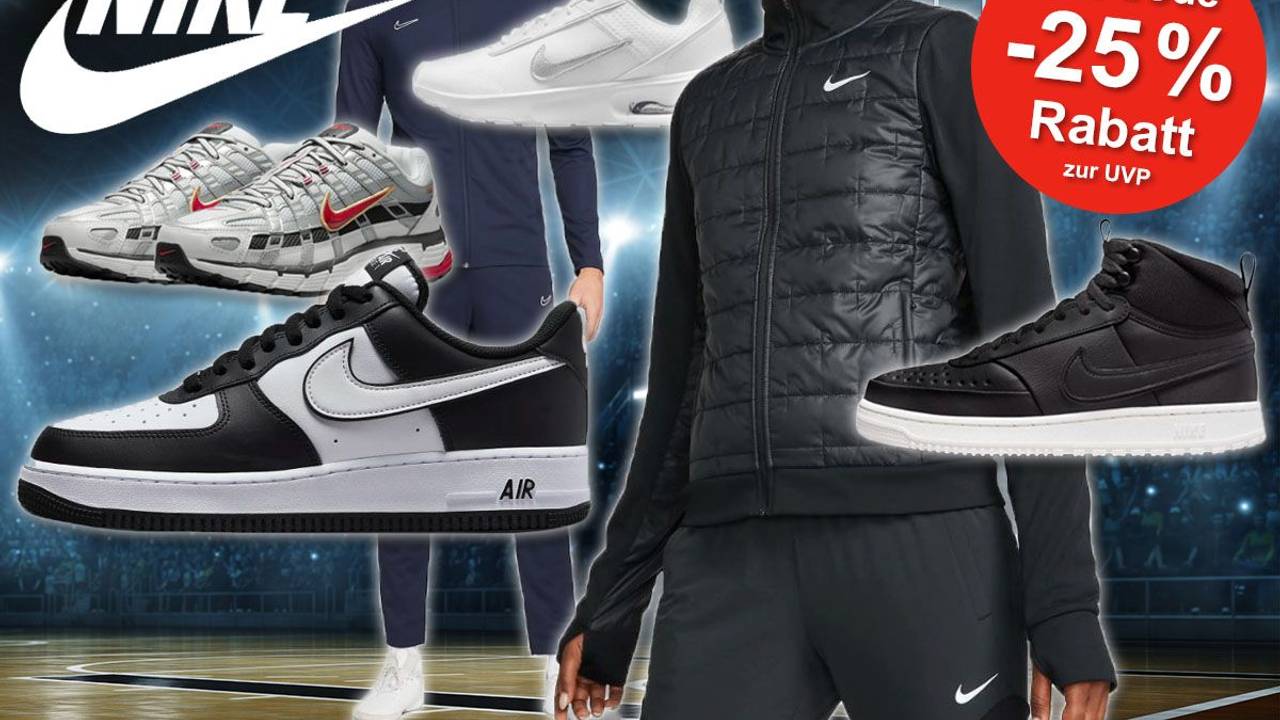 Nike Schuhe und Fashion wie Nike Air Force 1, Nike Court Vision Mid Winter, nike Therma Dri Fit Jacke und mehr, im Hintergrund eine Sporthalle.