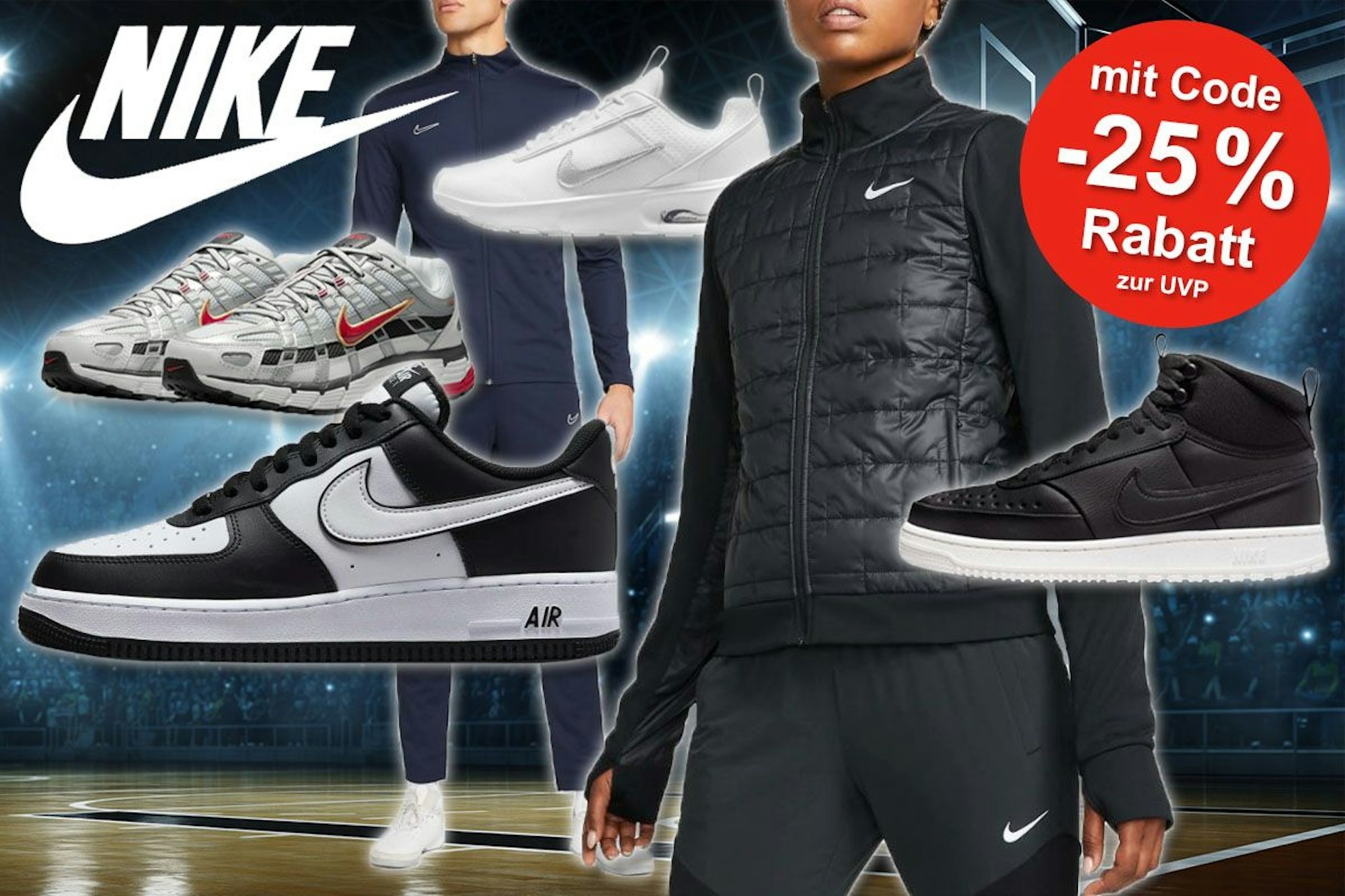 Nike Schuhe und Fashion wie Nike Air Force 1, Nike Court Vision Mid Winter, nike Therma Dri Fit Jacke und mehr, im Hintergrund eine Sporthalle.