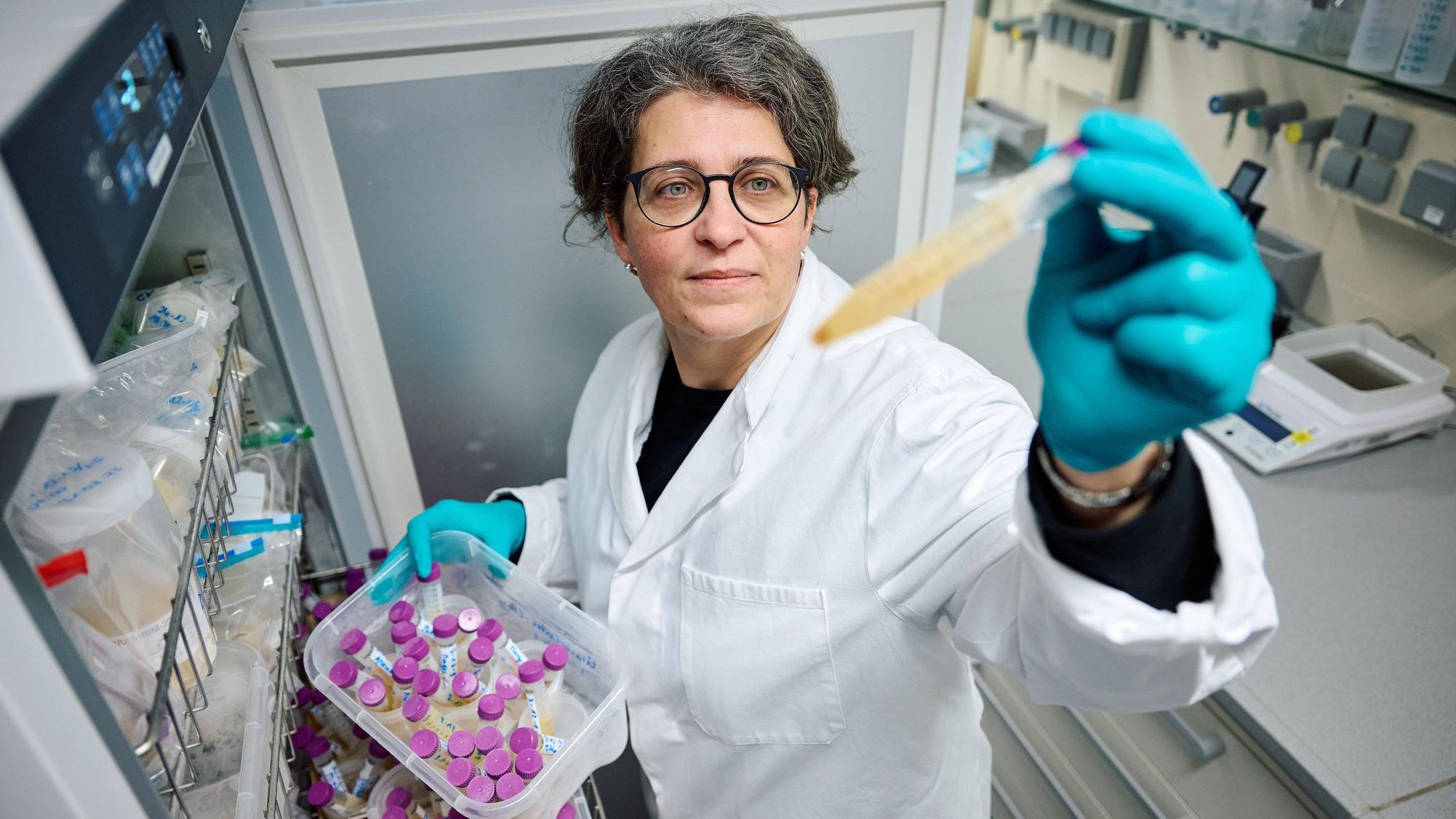 Projektleiterin Yvonni Chovolou, Toxikologin des Landesamt für Natur, Umwelt und Verbraucherschutz (Lanuv) Nordrhein-Westfalen, nimmt tiefgefrorene Urinproben aus einem Gefrierschrank in einem Labor. Mit ihrem Team konnte er den Weichmacher Di-n-hexyl-Phthalat (DnHexP), der die Fruchtbarkeit schädigen soll, in zahlreichen Urinproben von Kleinkindern in Nordrhein-Westfalen nachweisen.