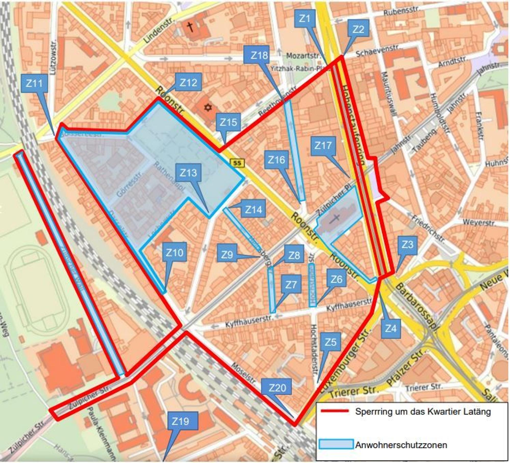 Die Grafik der Stadt Köln zeigt den Sperrring um das Kwartier Latäng an Karneval.
