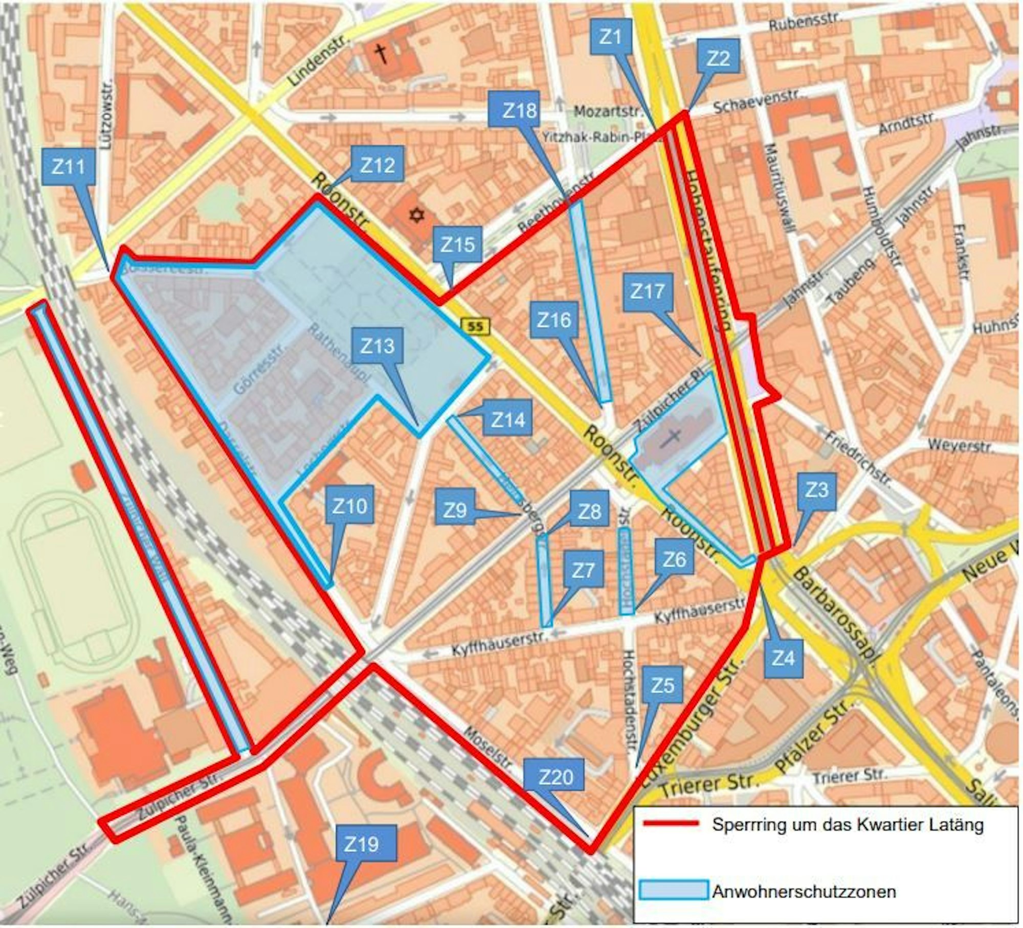 Die Grafik der Stadt Köln zeigt den Sperrring um das Kwartier Latäng an Karneval.