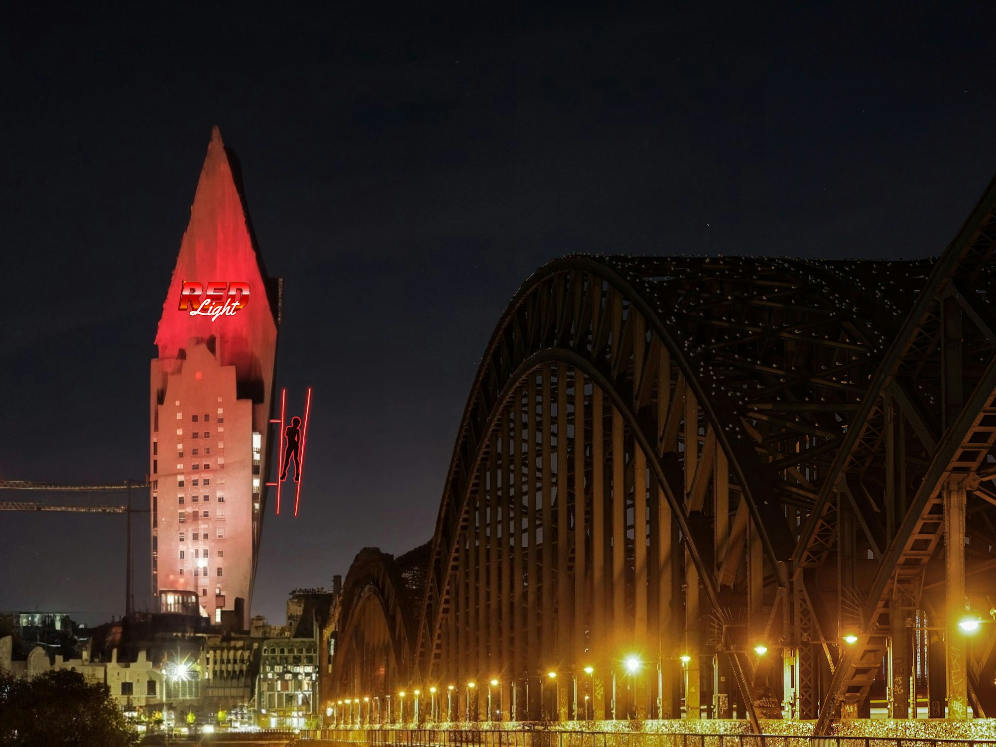 Bearbeitetes Foto mit einem großen Hochhaus statt dem Kölner Dom.