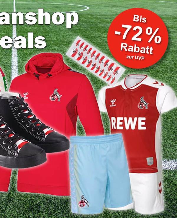 1. FC Köln Trikots, Hoodies, Parka, Schuhe, Fanartikel. Im Hintergrund Fußballrasen.