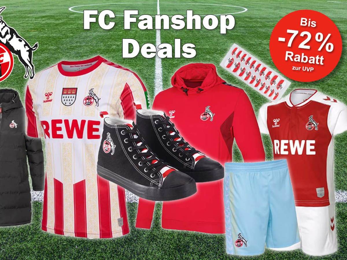 1. FC Köln Trikots, Hoodies, Parka, Schuhe, Fanartikel. Im Hintergrund Fußballrasen.