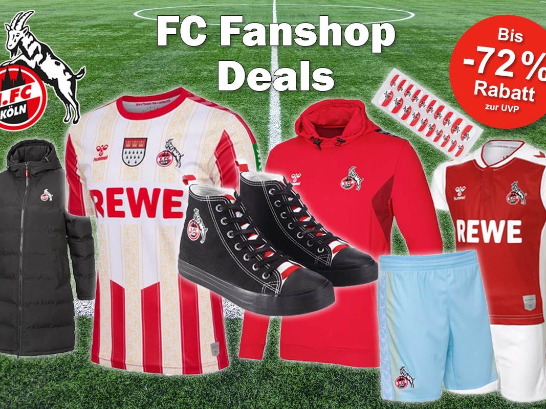 1. FC Köln Trikots, Hoodies, Parka, Schuhe, Fanartikel. Im Hintergrund Fußballrasen.