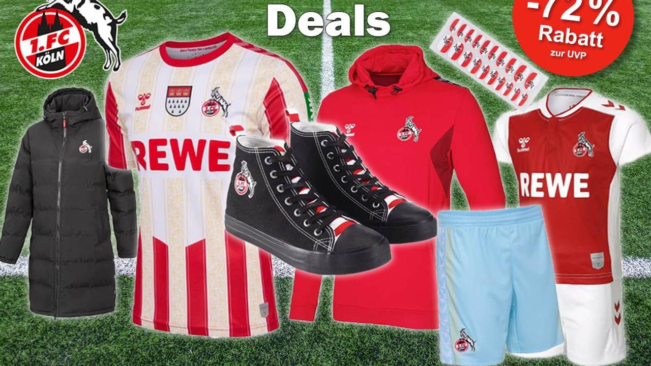 1. FC Köln Trikots, Hoodies, Parka, Schuhe, Fanartikel. Im Hintergrund Fußballrasen.