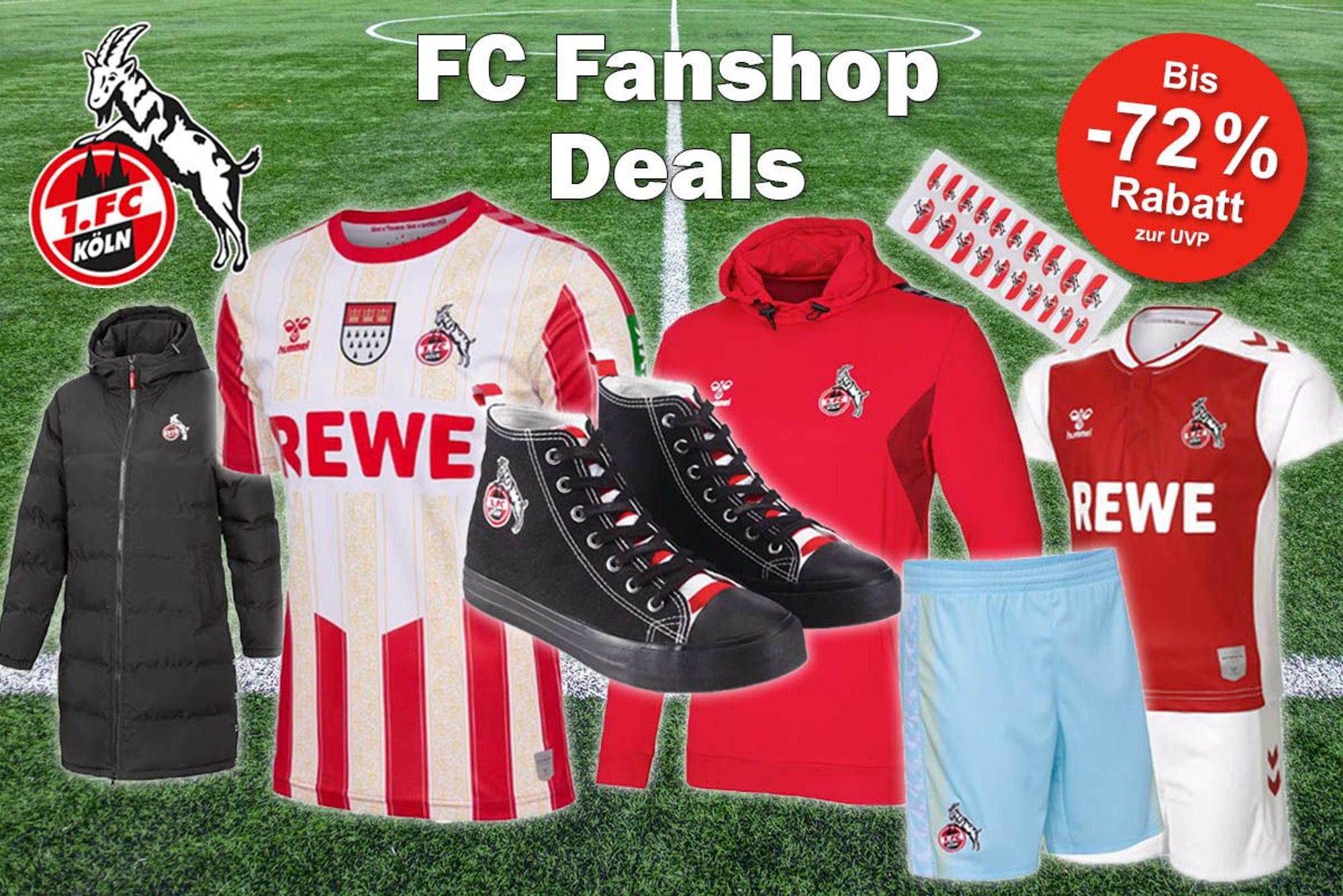 1. FC Köln Trikots, Hoodies, Parka, Schuhe, Fanartikel. Im Hintergrund Fußballrasen.