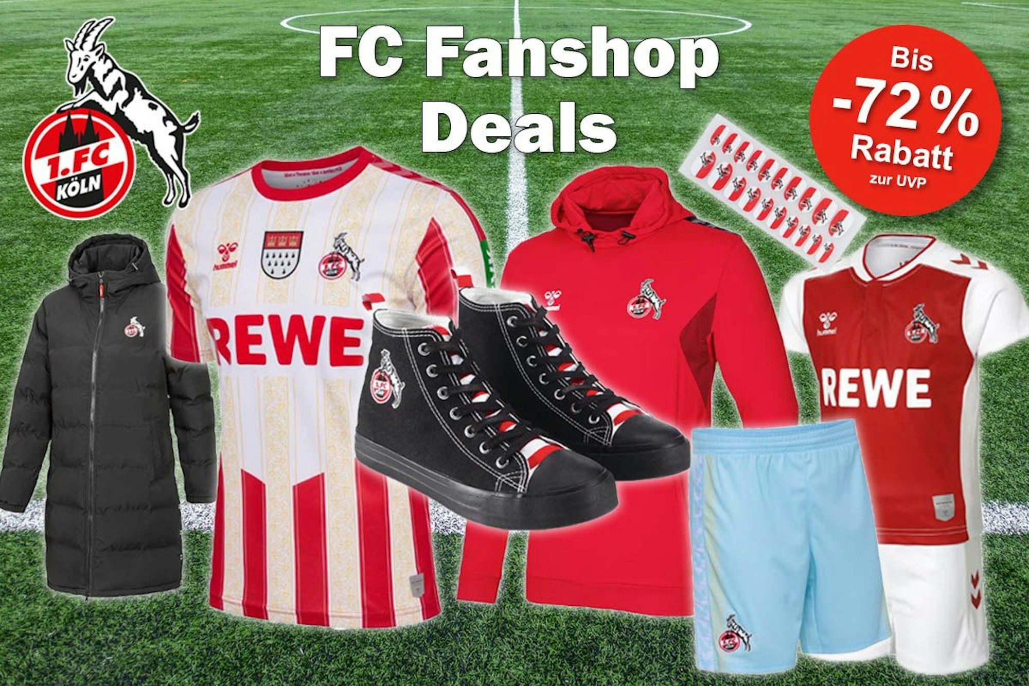 1. FC Köln Trikots, Hoodies, Parka, Schuhe, Fanartikel. Im Hintergrund Fußballrasen.
