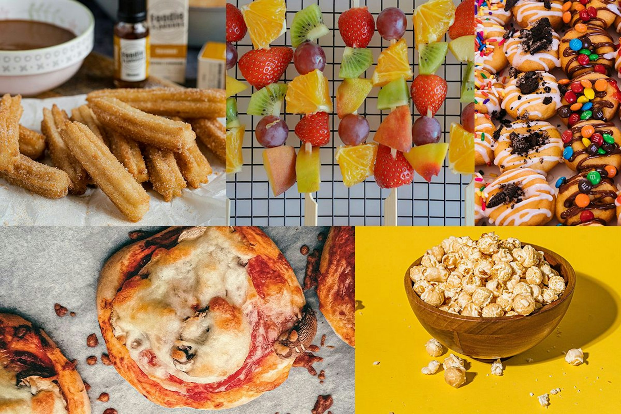 Collage von Snack-Ideen wie Churros, Fruchtspieße, Mini Donuts, Mini Pizzen, Popcorn