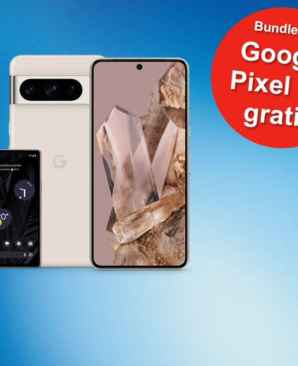 Die Smartphones Google Pixel 8 Pro und Google Pixel 7a vor blauem Hintergrund mit o2 Logo.