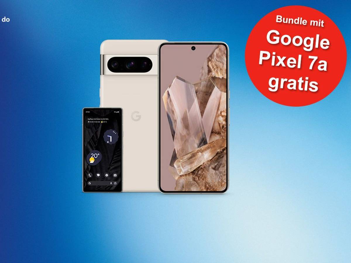Die Smartphones Google Pixel 8 Pro und Google Pixel 7a vor blauem Hintergrund mit o2 Logo.
