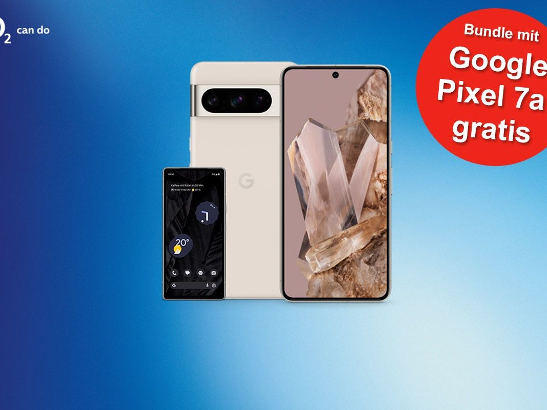 Die Smartphones Google Pixel 8 Pro und Google Pixel 7a vor blauem Hintergrund mit o2 Logo.