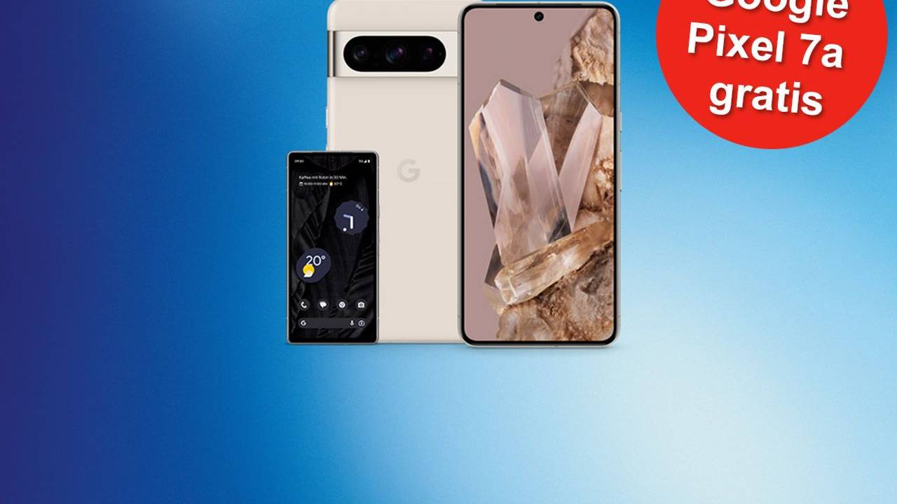 Die Smartphones Google Pixel 8 Pro und Google Pixel 7a vor blauem Hintergrund mit o2 Logo.