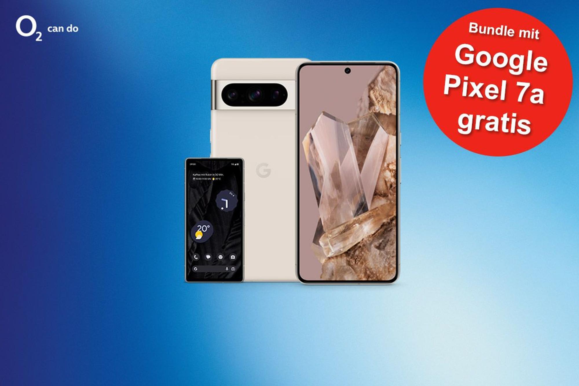 Die Smartphones Google Pixel 8 Pro und Google Pixel 7a vor blauem Hintergrund mit o2 Logo.