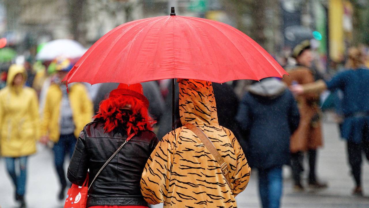 Verkleidete Karnevalisten unterwegs mit Regenschirm.