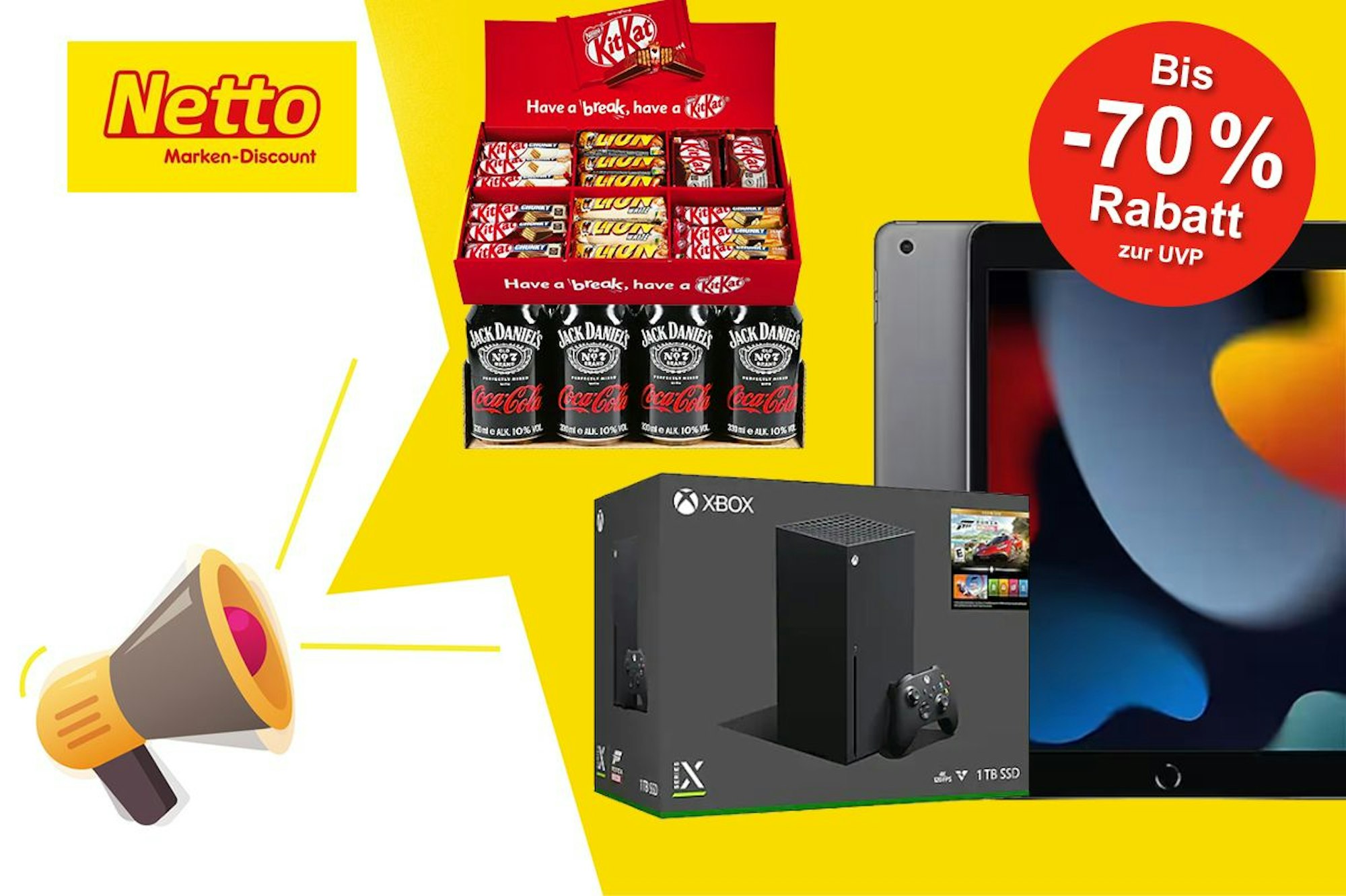 Produkte wie KitKat Box, IPad, Xbox und Jack Daniels sind vor gelbem Hintergrund angeordnet.