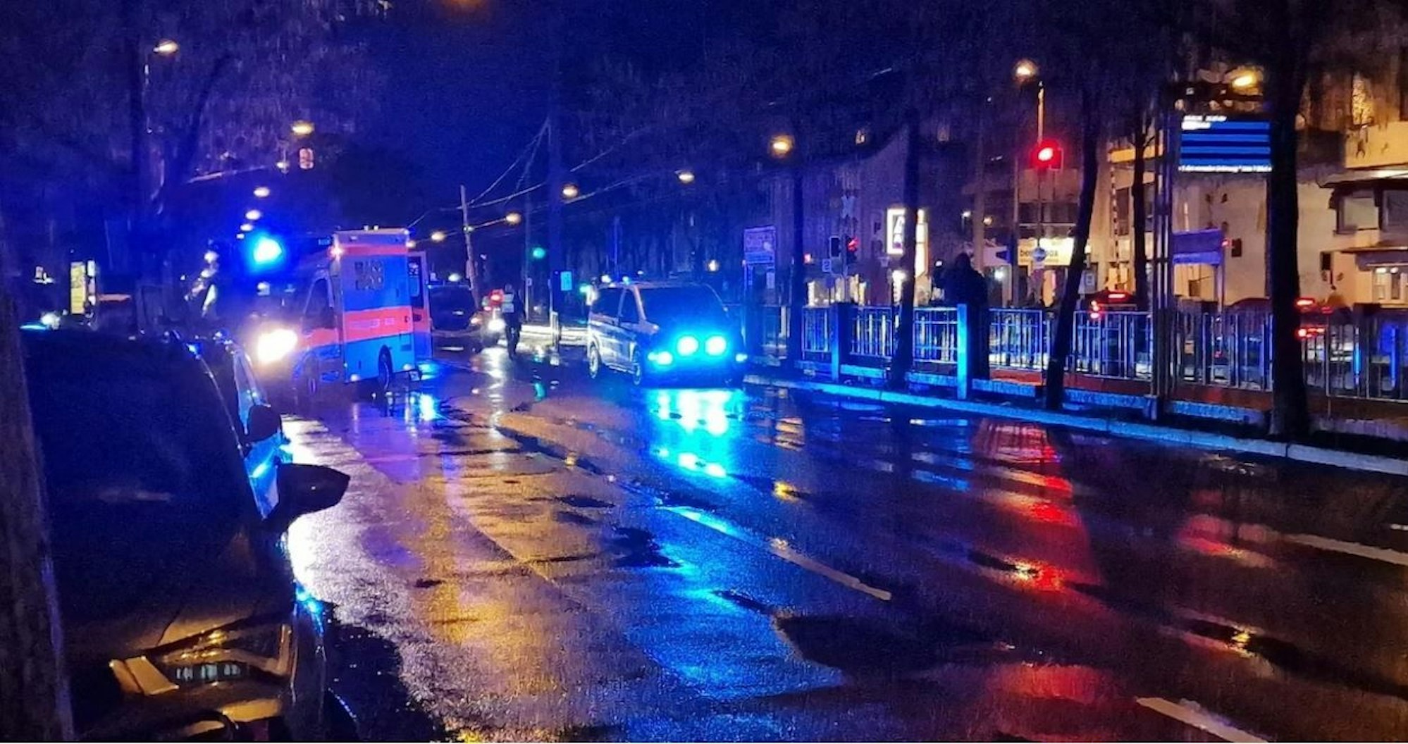 Ein Rettungswagen und ein Polizeifahrzeug stehen auf einer regennassen Straße.