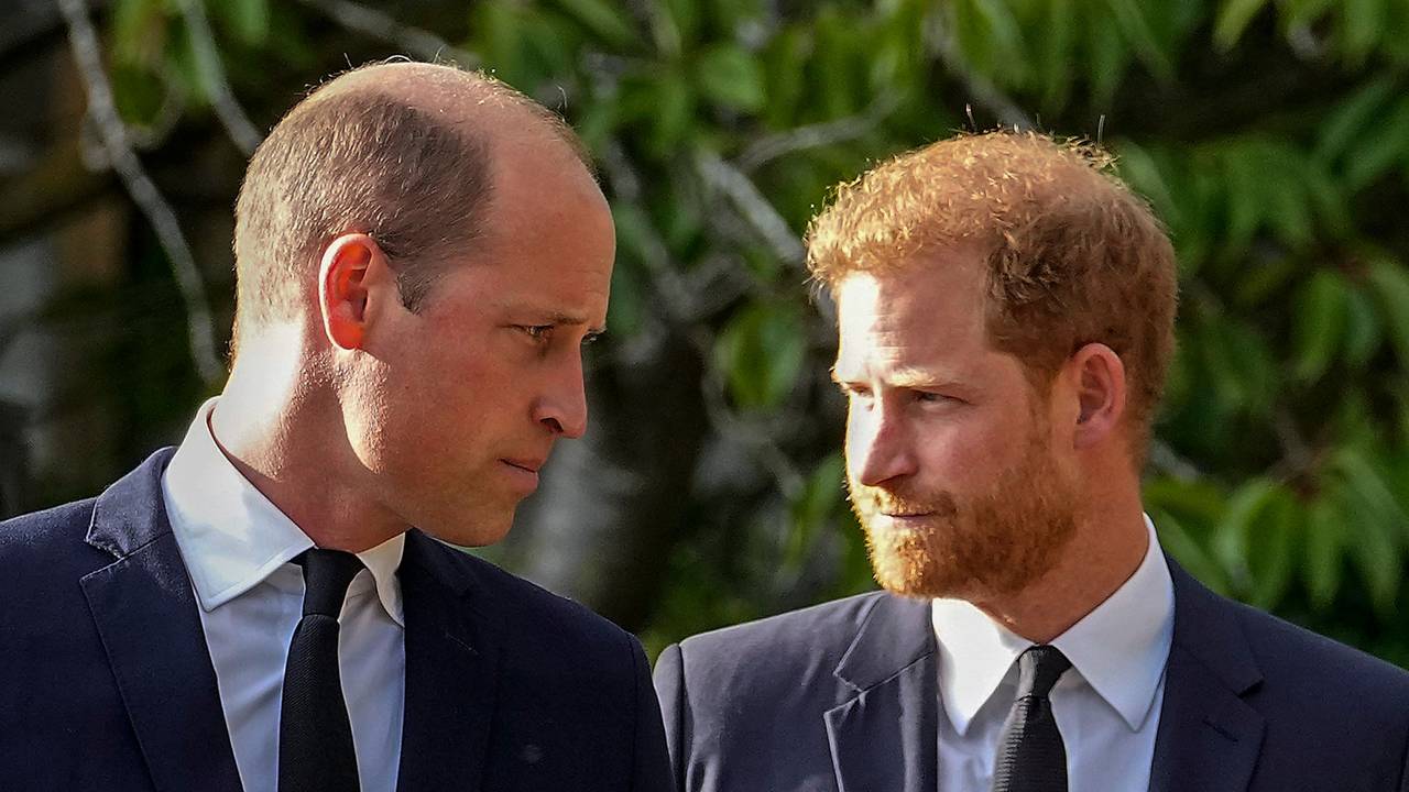 William (l), Prinz von Wales, und Prinz Harry, Herzog von Sussex, gehen nebeneinander, nachdem sie die Blumendekoration für die verstorbene Königin Elizabeth II. vor dem Schloss Windsor besucht haben.