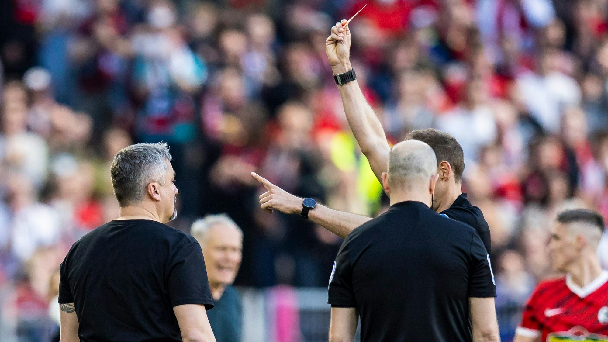 Schiedsrichter Sascha Stegemann zeigt im April 2022 dem damaligen Trainer des VfL Bochum, Thomas Reis, die Rote Karte.