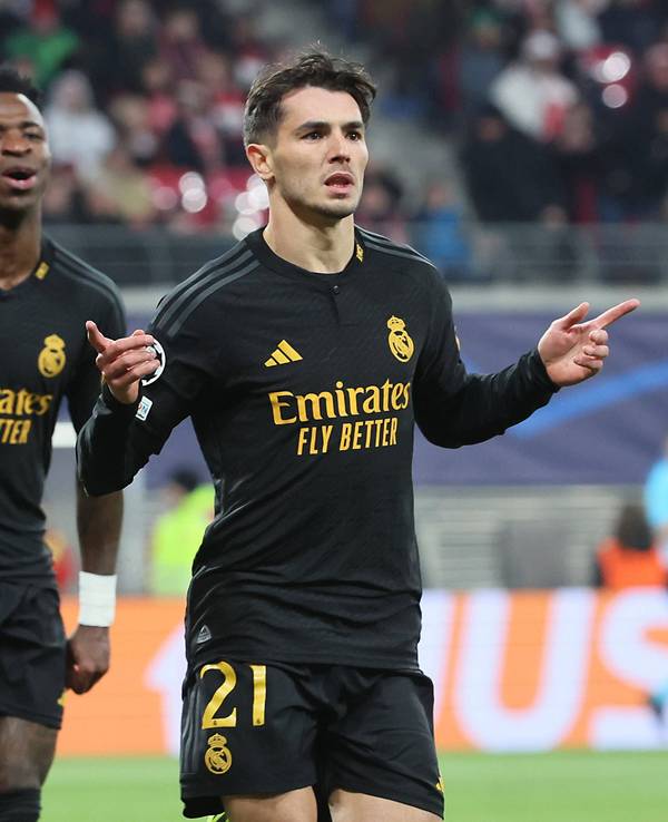 Madrid-Star Brahim Díaz bejubelt seinen Traum-Treffer zum 1:0 gegen RB Leipzig (13. Februar 2024).