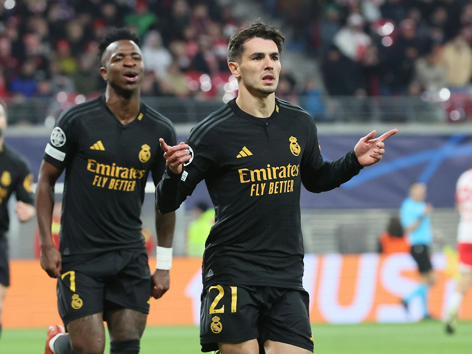 Madrid-Star Brahim Díaz bejubelt seinen Traum-Treffer zum 1:0 gegen RB Leipzig (13. Februar 2024).