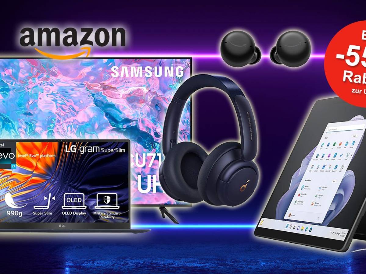 Technik Produkte wie Samsung TV, LG Laptop, Soundcore Kopfhörer und Microsoft Surface