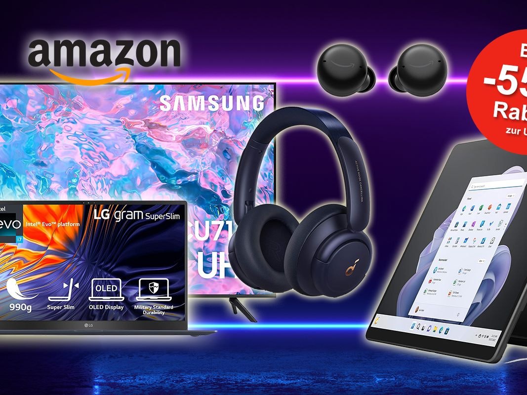 Technik Produkte wie Samsung TV, LG Laptop, Soundcore Kopfhörer und Microsoft Surface