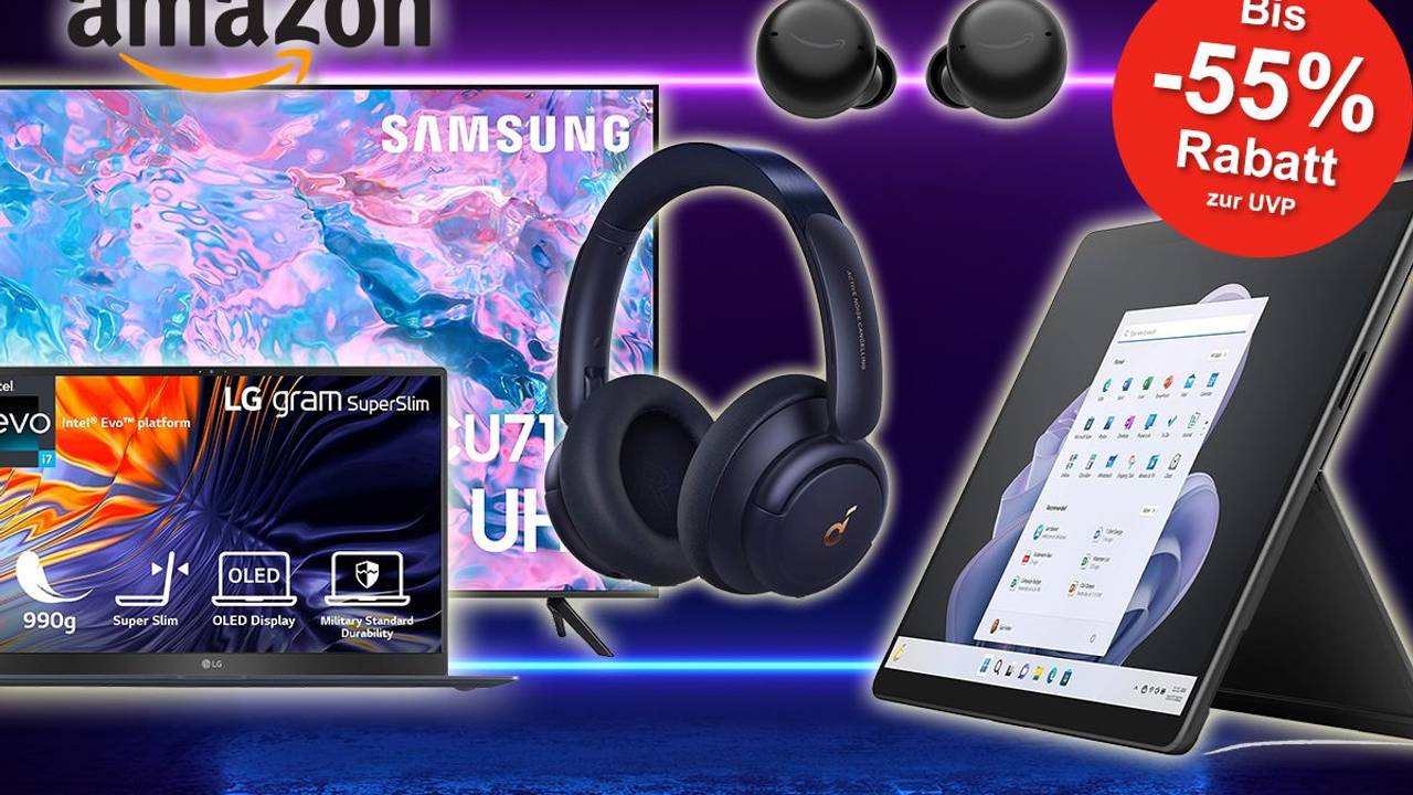 Technik Produkte wie Samsung TV, LG Laptop, Soundcore Kopfhörer und Microsoft Surface