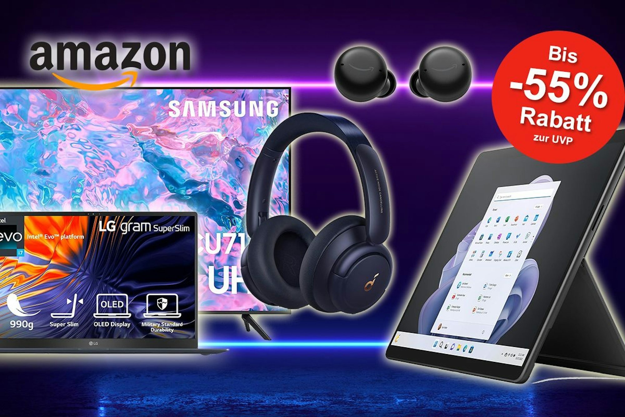 Technik Produkte wie Samsung TV, LG Laptop, Soundcore Kopfhörer und Microsoft Surface