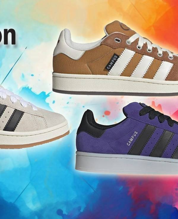 Drei Adidas Campus Schuhe sind vor buntem Hintergrund angeordnet