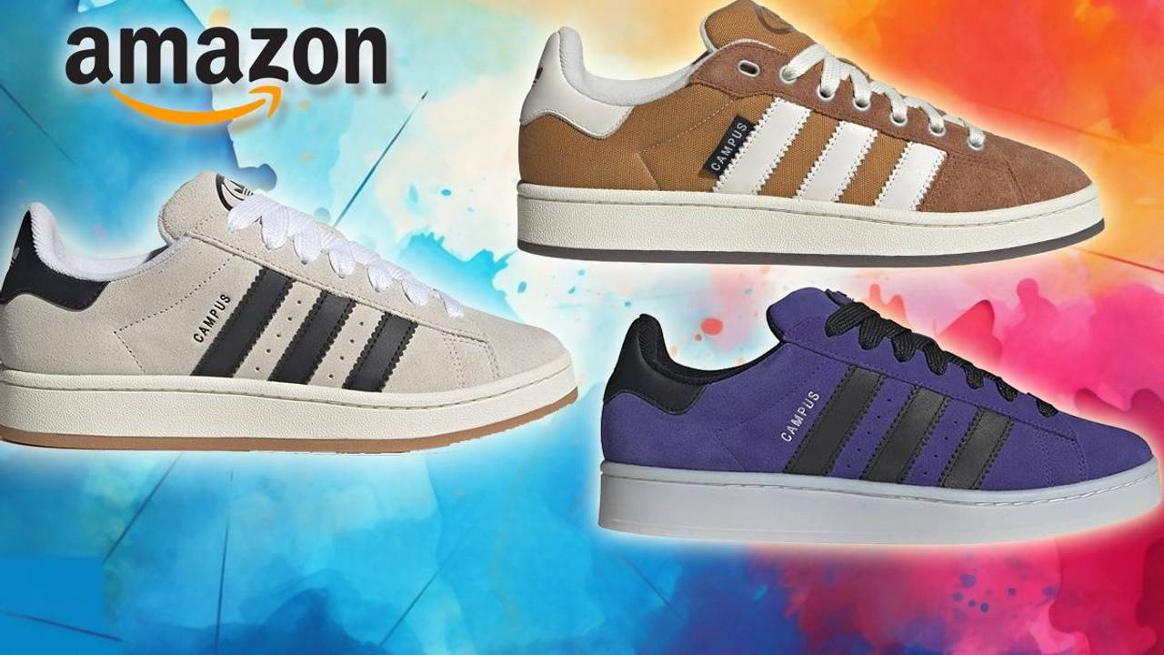 Drei Adidas Campus Schuhe sind vor buntem Hintergrund angeordnet