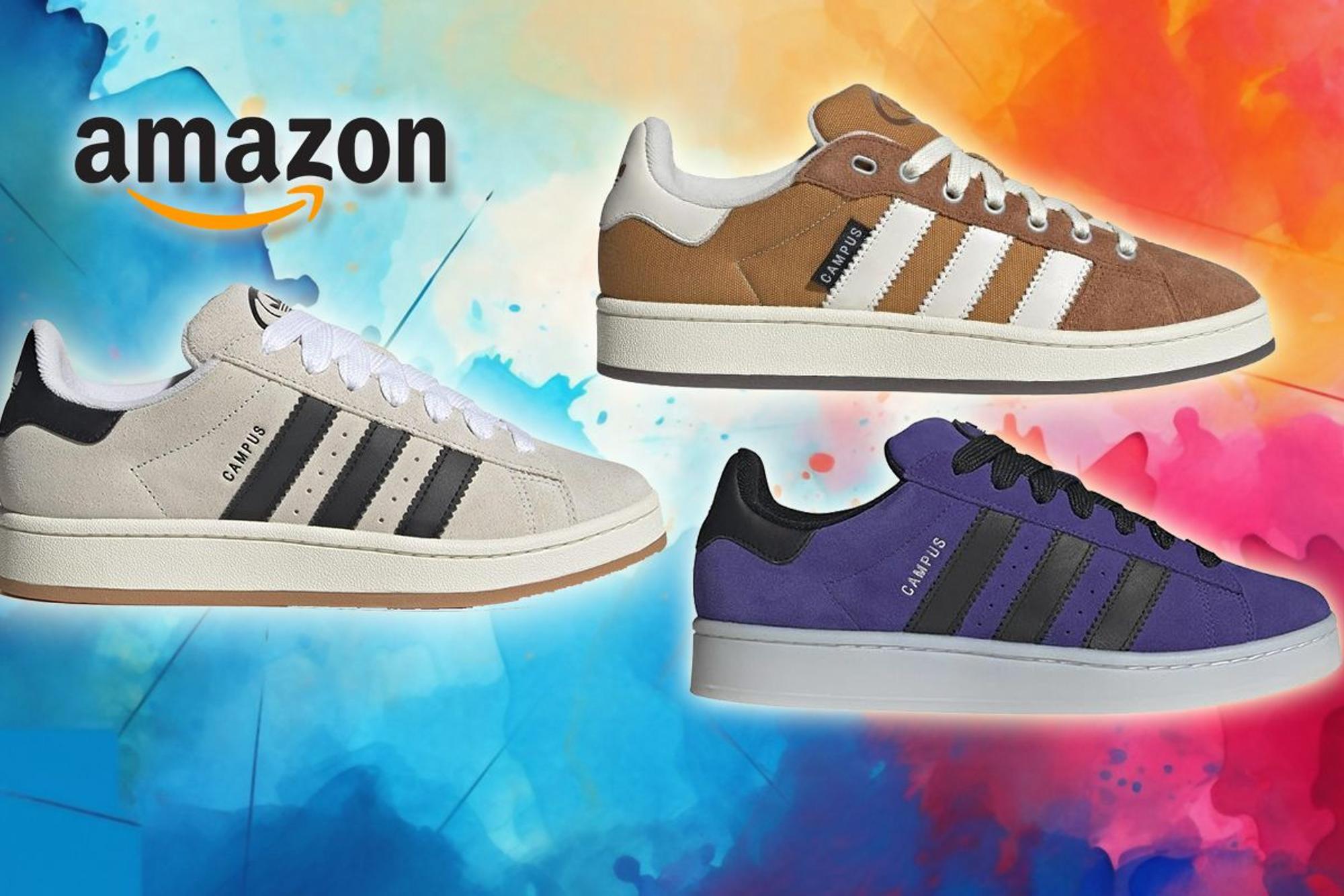 Drei Adidas Campus Schuhe sind vor buntem Hintergrund angeordnet