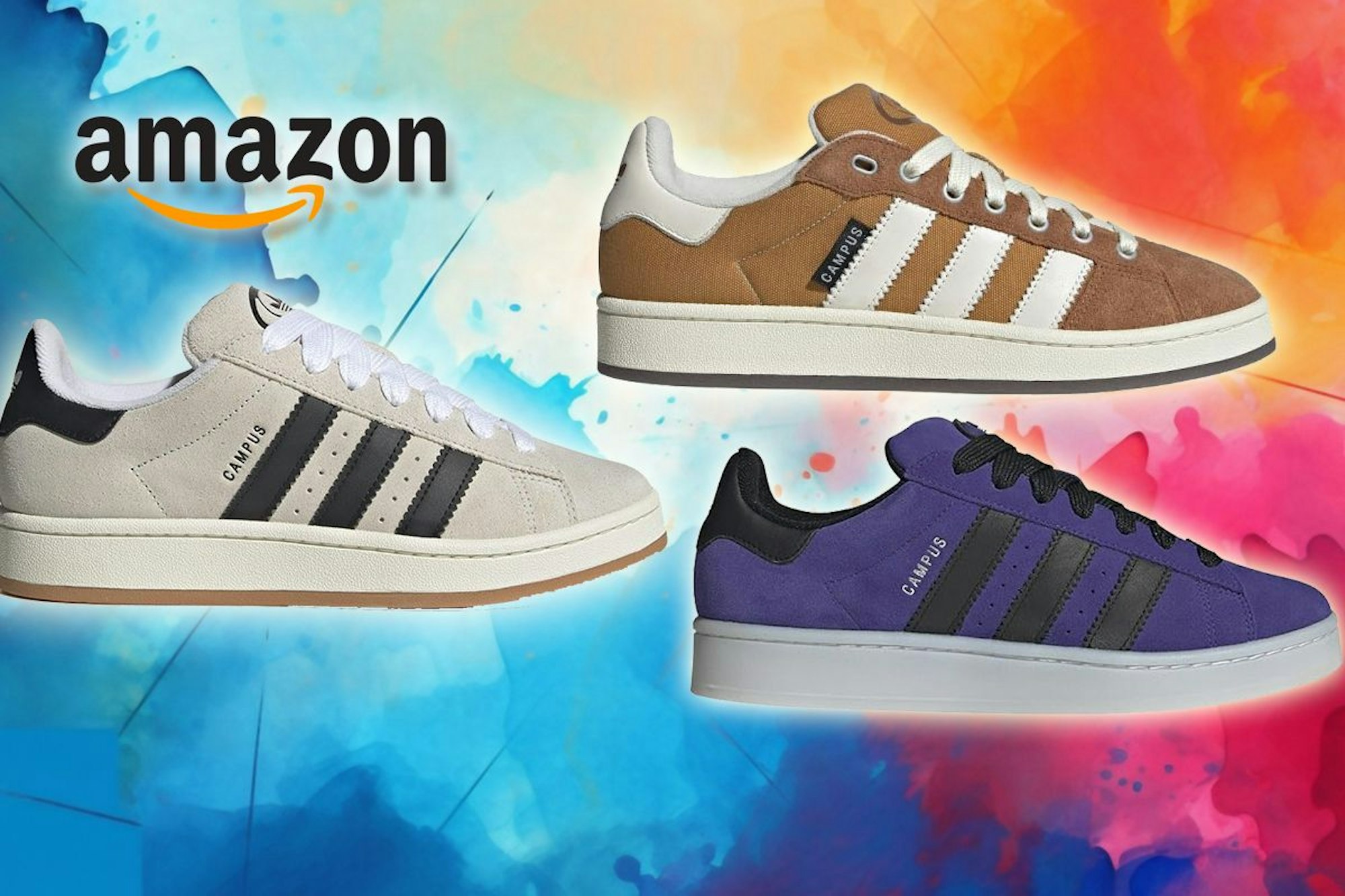 Drei Adidas Campus Schuhe sind vor buntem Hintergrund angeordnet