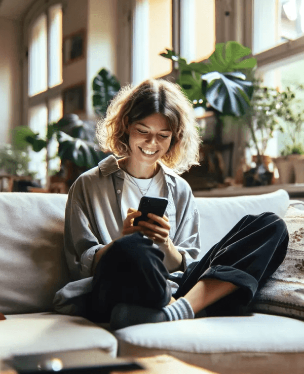 Auf unserem von einer Künstlichen Intelligenz erstellten Bild sitzt eine Person auf dem Sofa und scrollt am Smartphone.