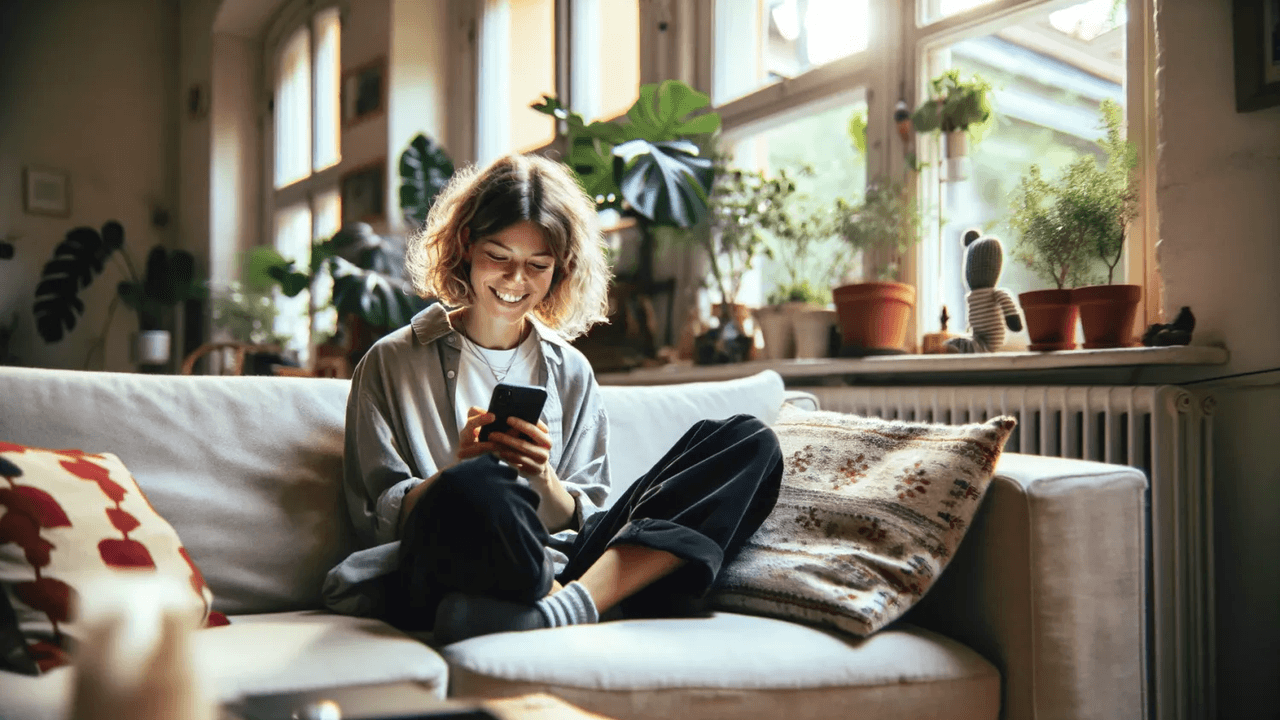 Auf unserem von einer Künstlichen Intelligenz erstellten Bild sitzt eine Person auf dem Sofa und scrollt am Smartphone.